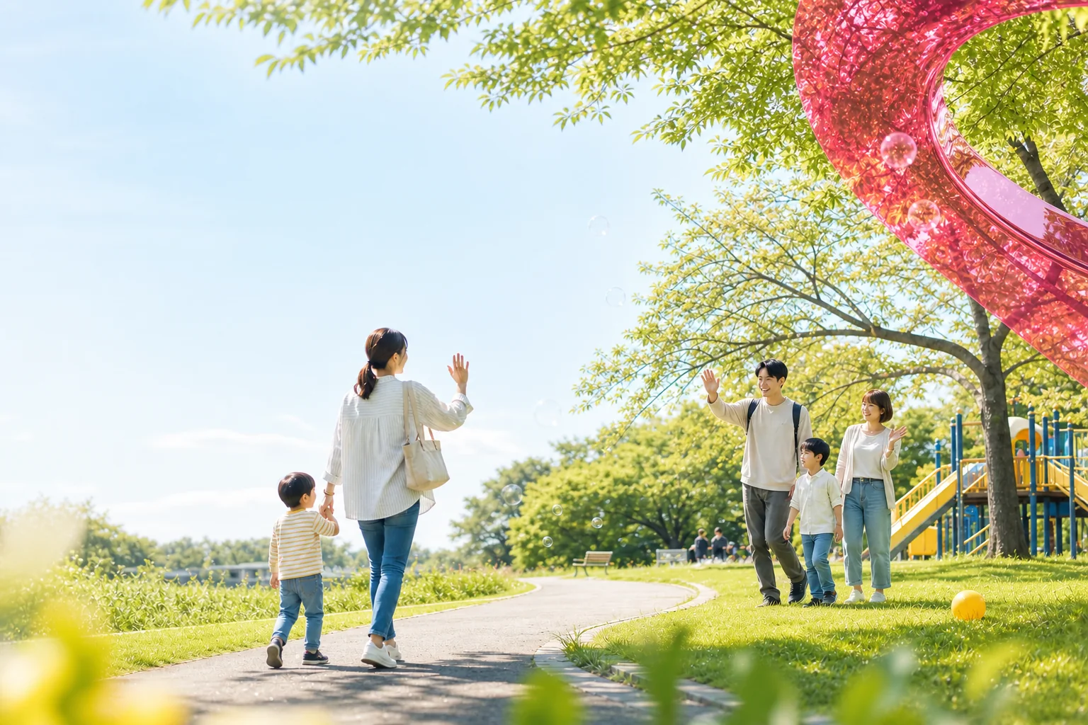 近所の公園で偶然会い、手を振り合う二組の親子